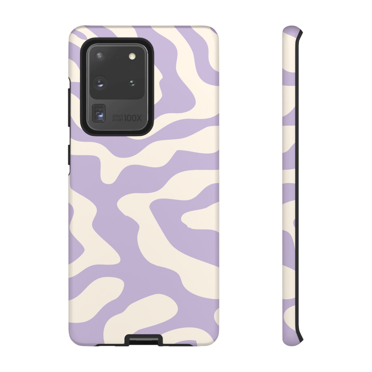 Seamless wrap print of lilac swirls on a cream field across a tough phone case