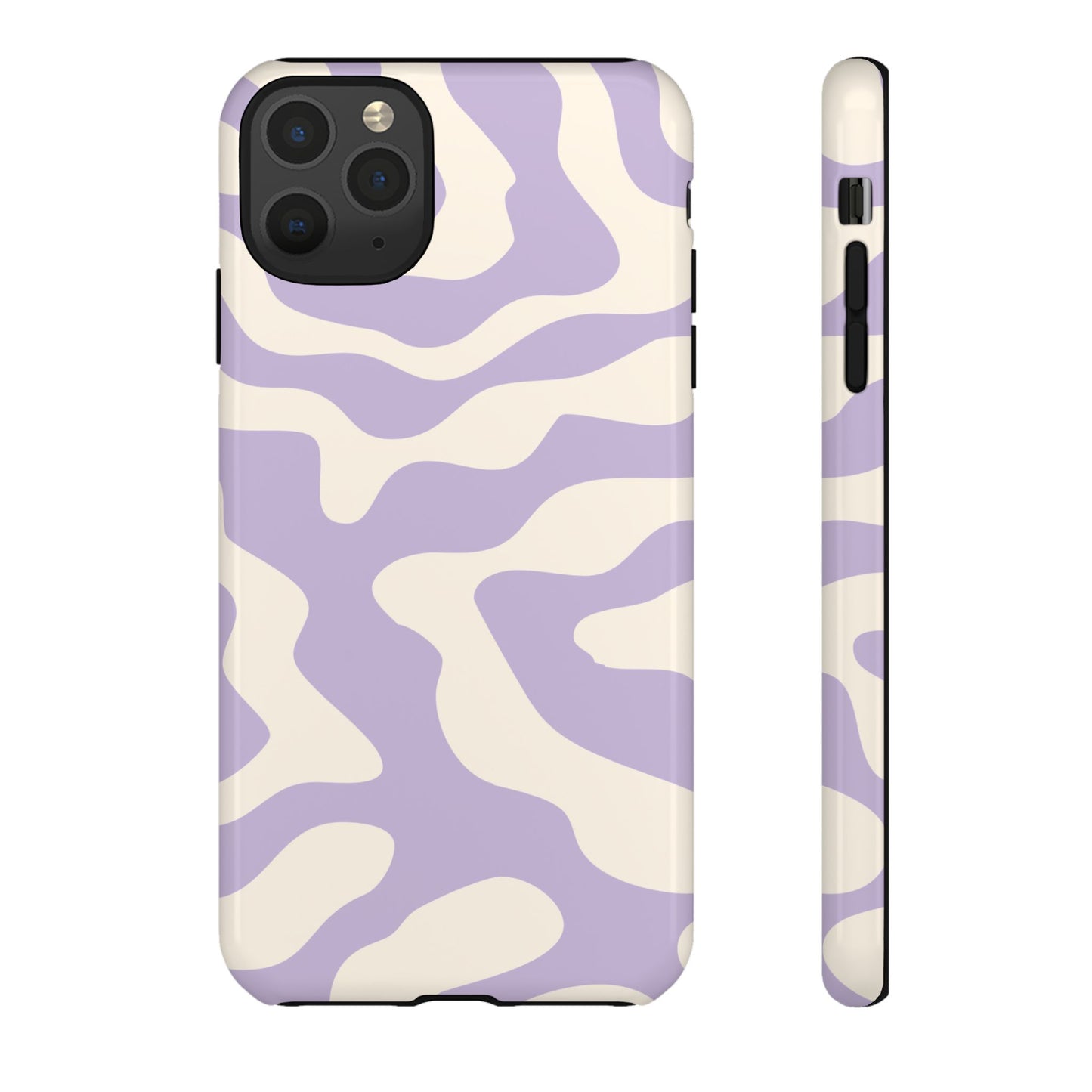 Abstract lavender print on a slim tough case, cream negative space between purple waves