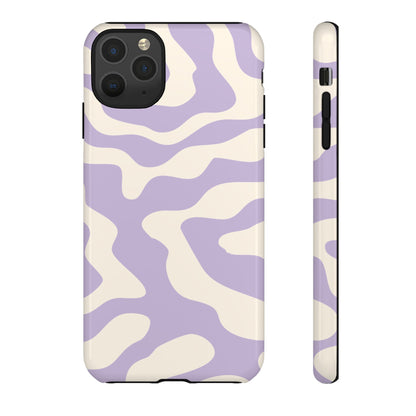 Abstract lavender print on a slim tough case, cream negative space between purple waves