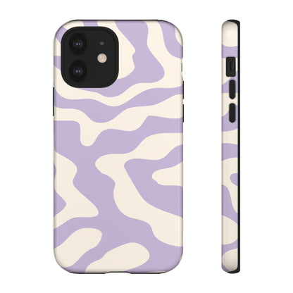 Lavender swirl pattern with wide looping curves across a cream phone case shell