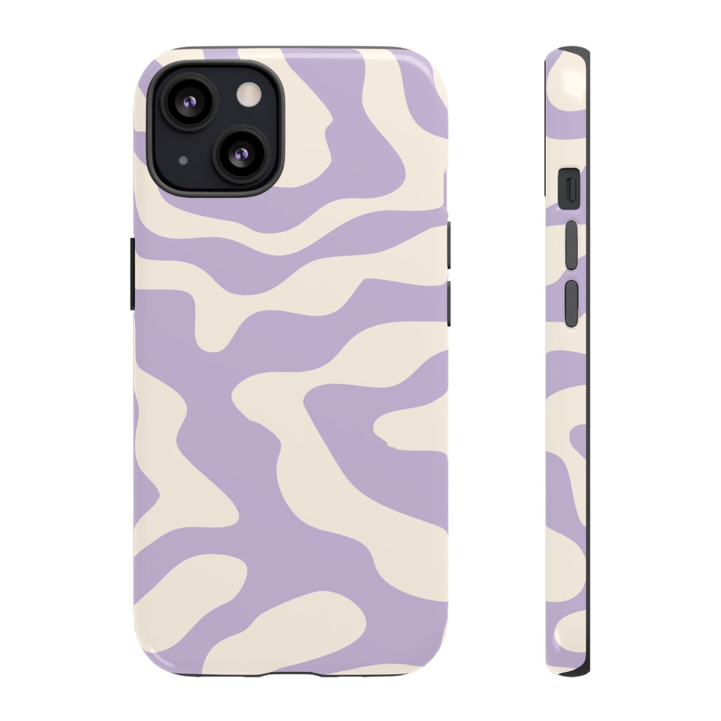 Rounded purple ribbon shapes threading through cream on an aesthetic phone case