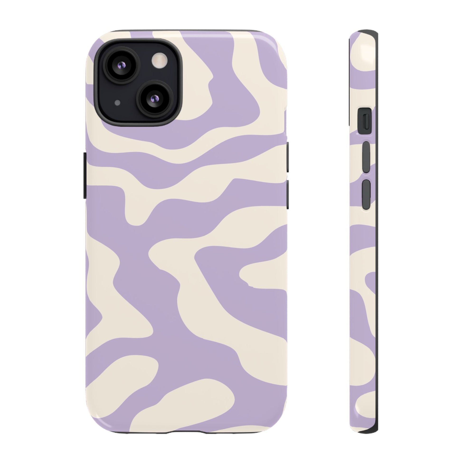 Rounded purple ribbon shapes threading through cream on an aesthetic phone case
