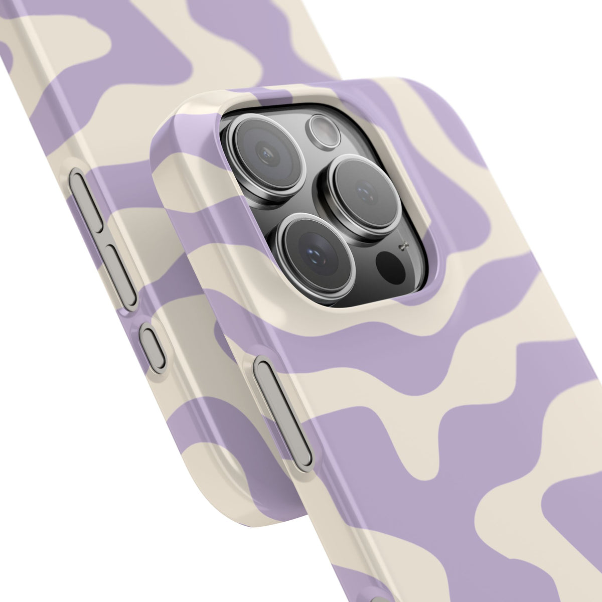 Close-up of the camera cutout on the Lavender Swirl snap phone case