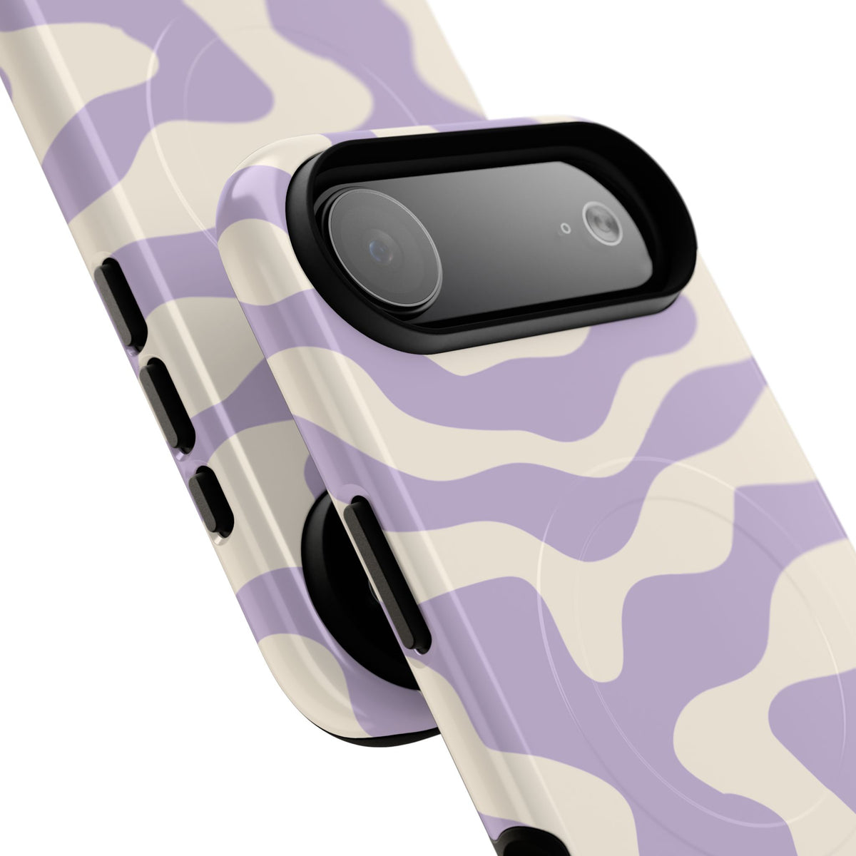 Close-up of the camera cutout on the Lavender Swirl magnetic phone case