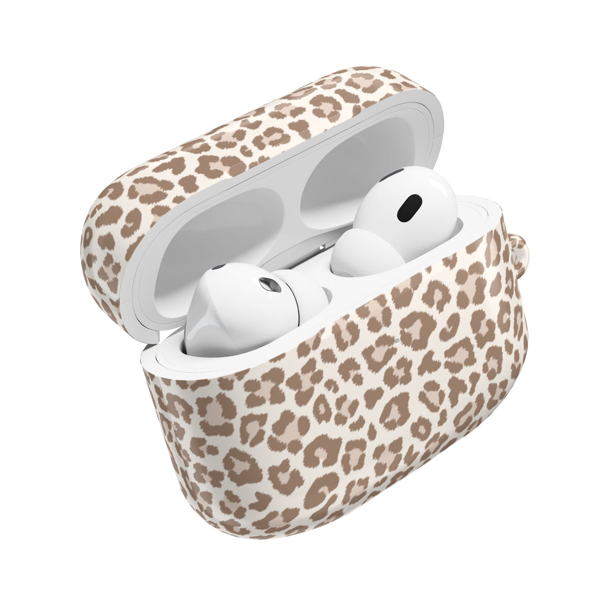 Leopard print AirPods case open with AirPods inside