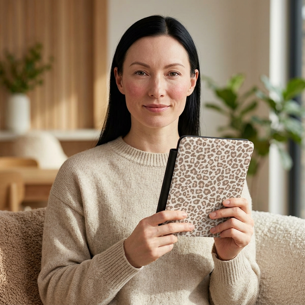 Woman holding a leopard print Kindle case