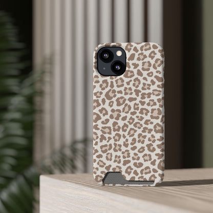 Leopard Print phone case with card holder on a wooden ledge