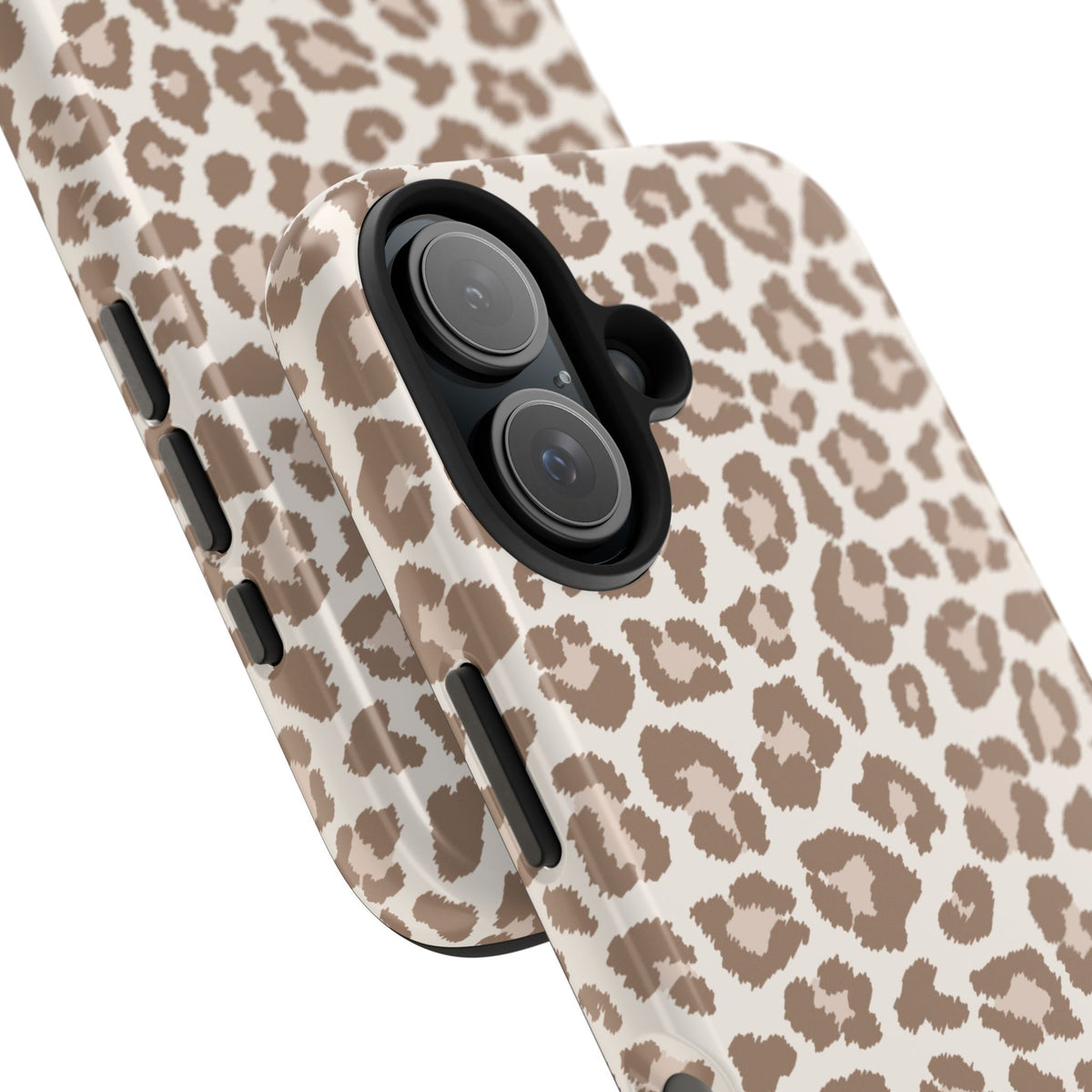 Leopard print tough phone case at an angle showing the camera cutout