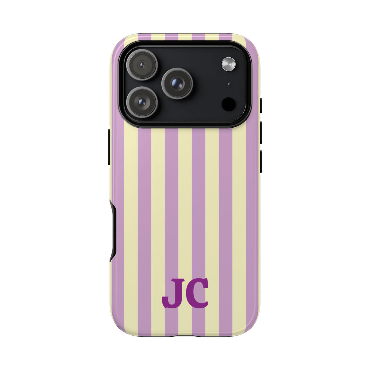 Lilac Cabana Stripe personalized tough case on an iPhone, back view