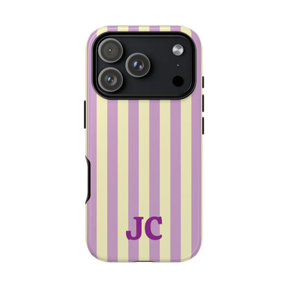 Lilac Cabana Stripe personalized tough case on an iPhone, back view