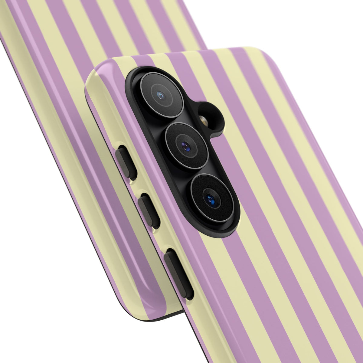 Close-up of the camera cutout on the Lilac Cabana Stripe tough case