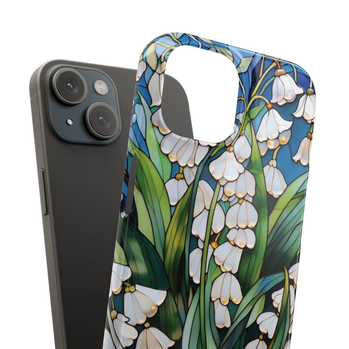 Lily of the Valley snap phone case next to the phone it fits