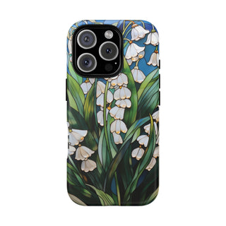 Lily of the Valley tough magnetic phone case back view with a stained-glass floral print