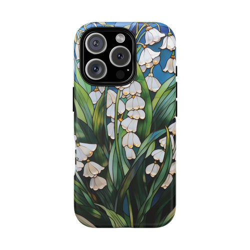 Lily of the Valley tough magnetic phone case back view with a stained-glass floral print
