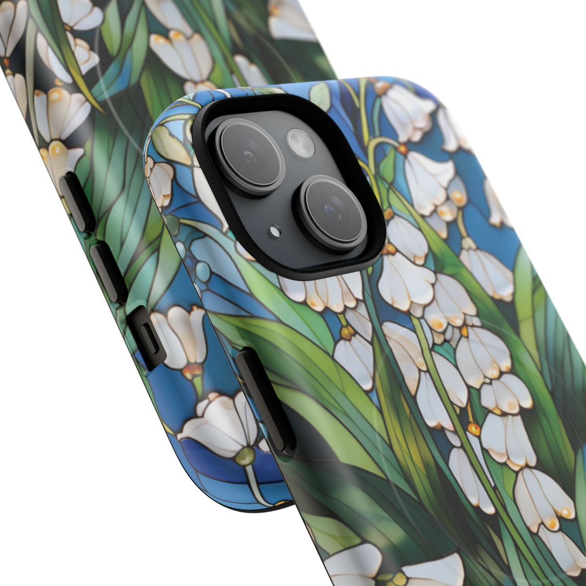 Close-up of the camera cutout on the Lily of the Valley magnetic phone case