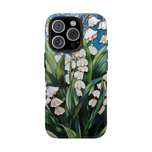 Lily of the Valley tough phone case back view with a stained-glass floral print