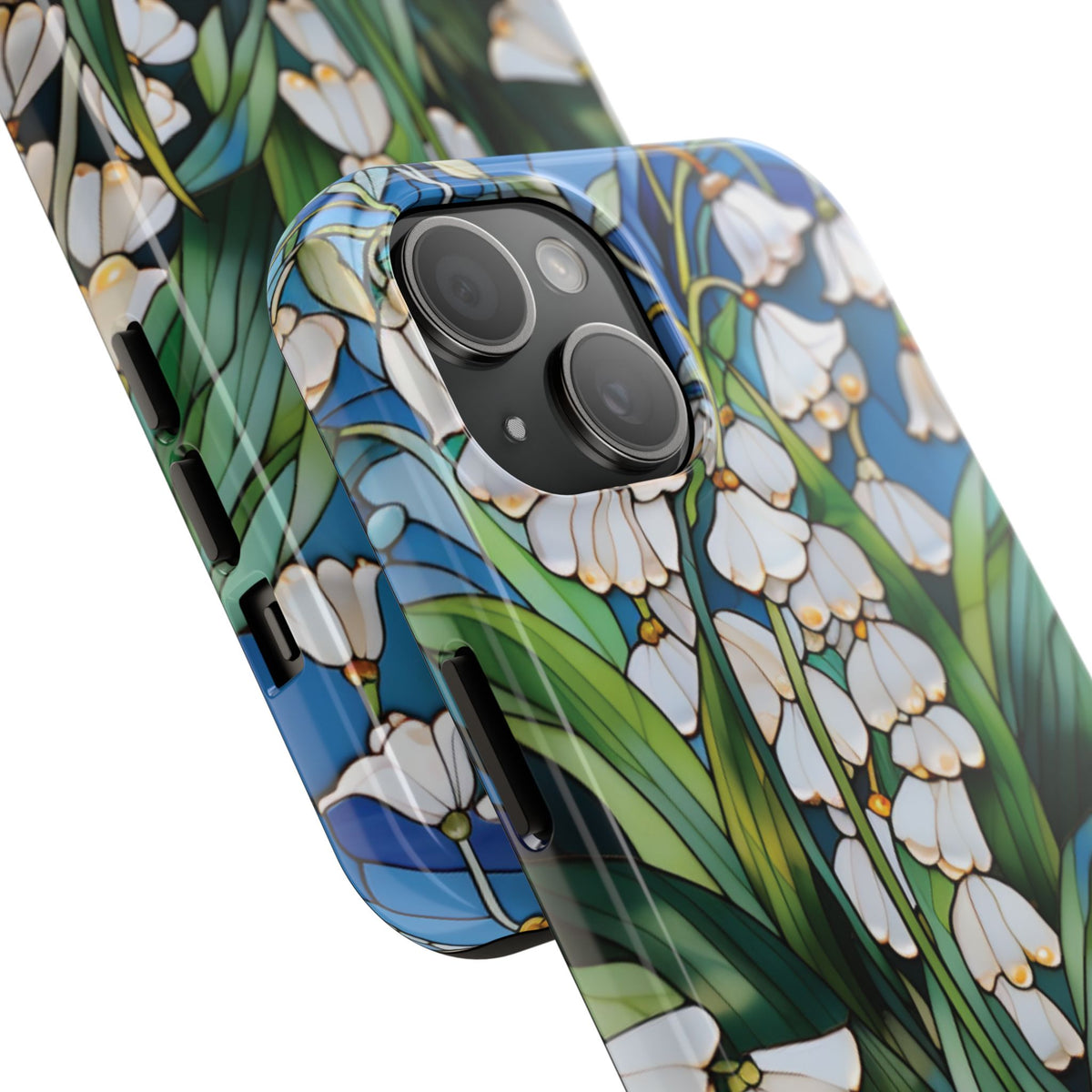 Close-up of the camera cutout on the Lily of the Valley tough phone case