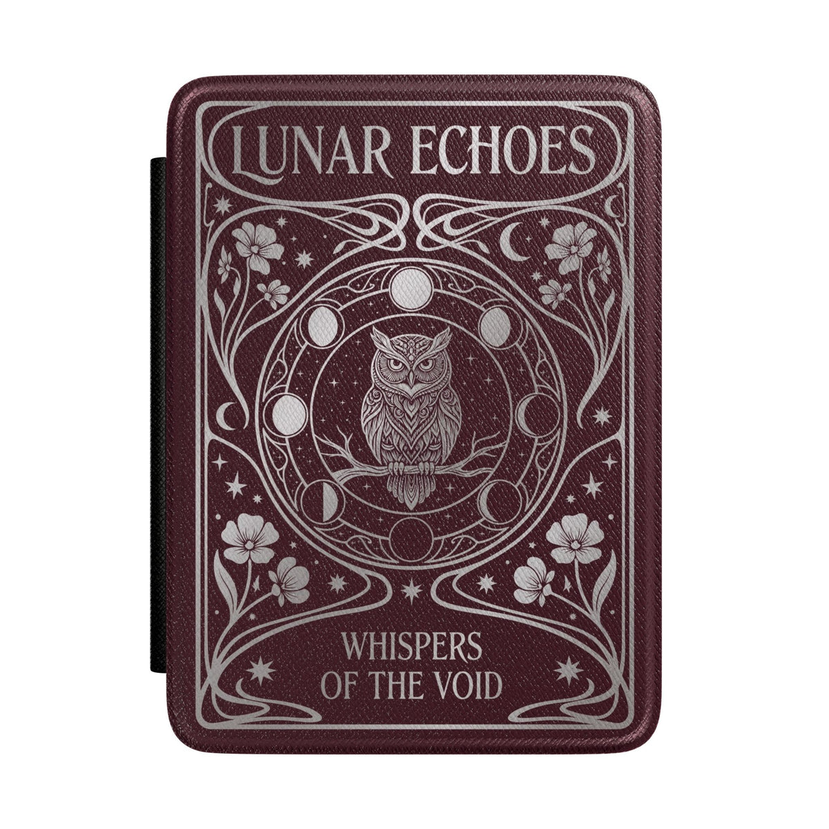 Lunar Echoes Kindle case front with silver owl and moon phases