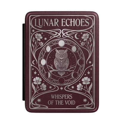 Lunar Echoes Kindle case front with silver owl and moon phases