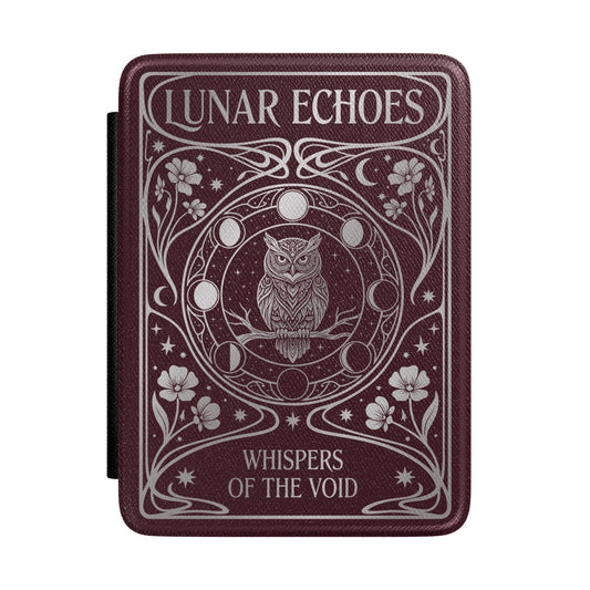 Lunar Echoes Kindle case front with silver owl and moon phases