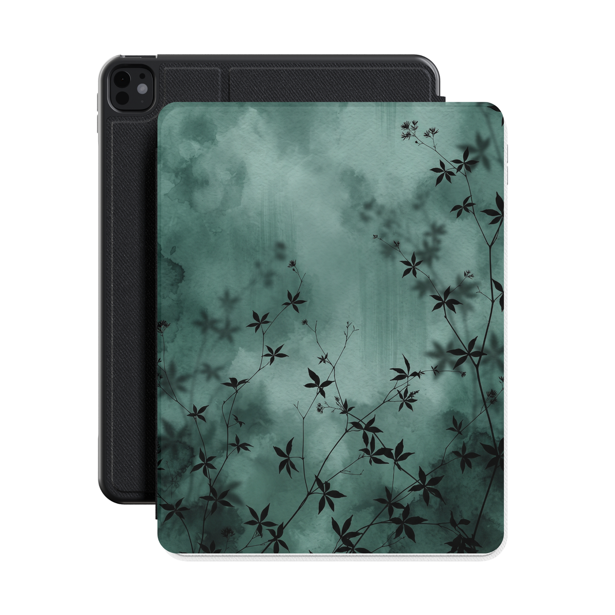 Midnight Garden iPad case with dark green watercolor and black botanical silhouettes