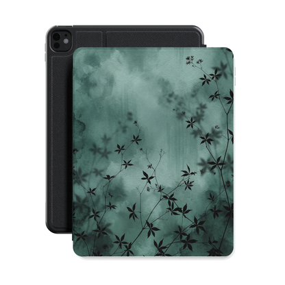 Midnight Garden iPad case with dark green watercolor and black botanical silhouettes