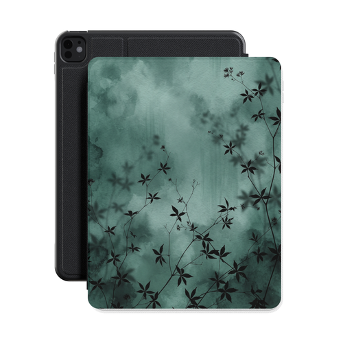 Midnight Garden iPad case with dark green watercolor and black botanical silhouettes