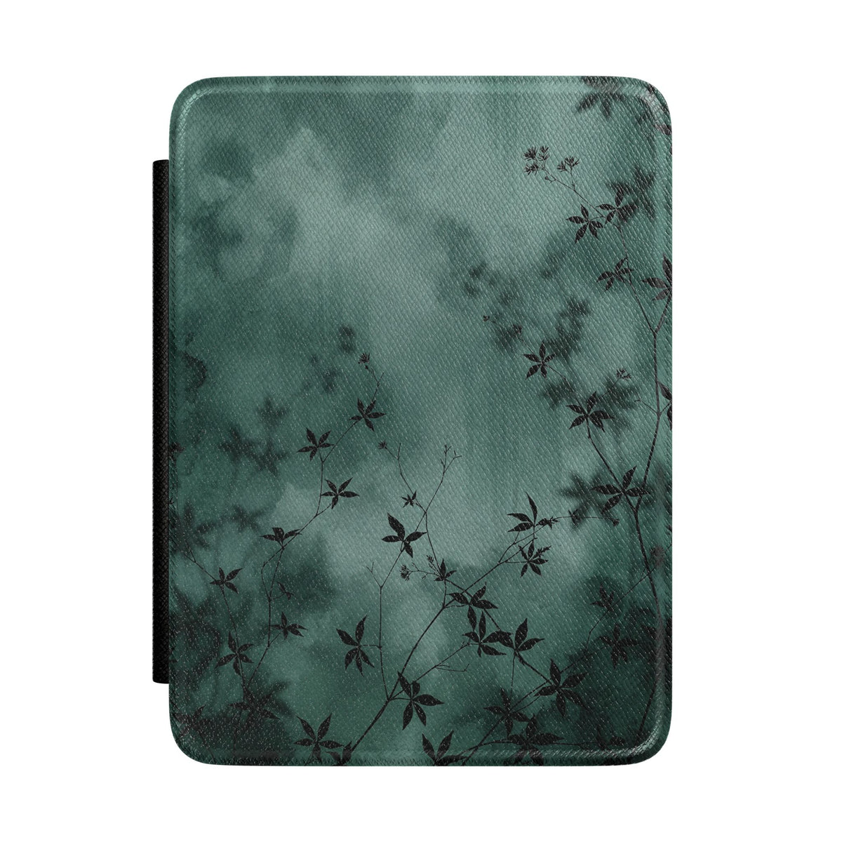 Midnight Garden Kindle case with dark green watercolor and black botanical silhouettes