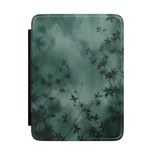 Midnight Garden Kindle case with dark green watercolor and black botanical silhouettes