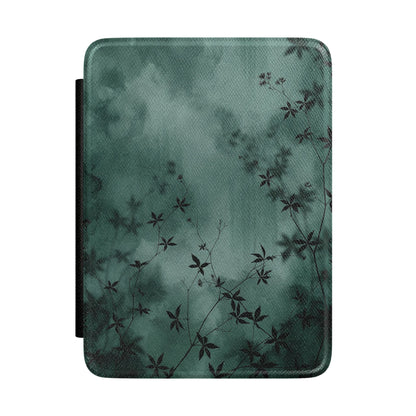 Midnight Garden Kindle case with dark green watercolor and black botanical silhouettes