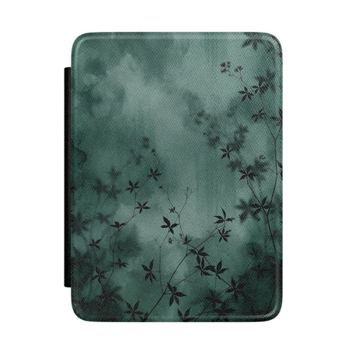 Midnight Garden Kindle case with dark green watercolor and black botanical silhouettes