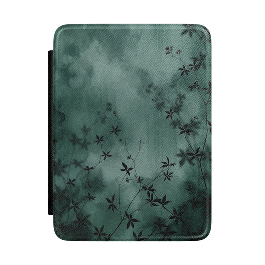 Midnight Garden Kindle case with dark green watercolor and black botanical silhouettes