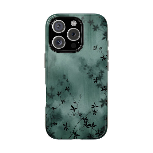 Midnight Garden tough phone case with dark green watercolor and black botanical silhouettes