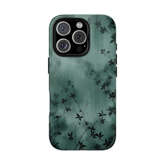 Midnight Garden tough phone case with dark green watercolor and black botanical silhouettes