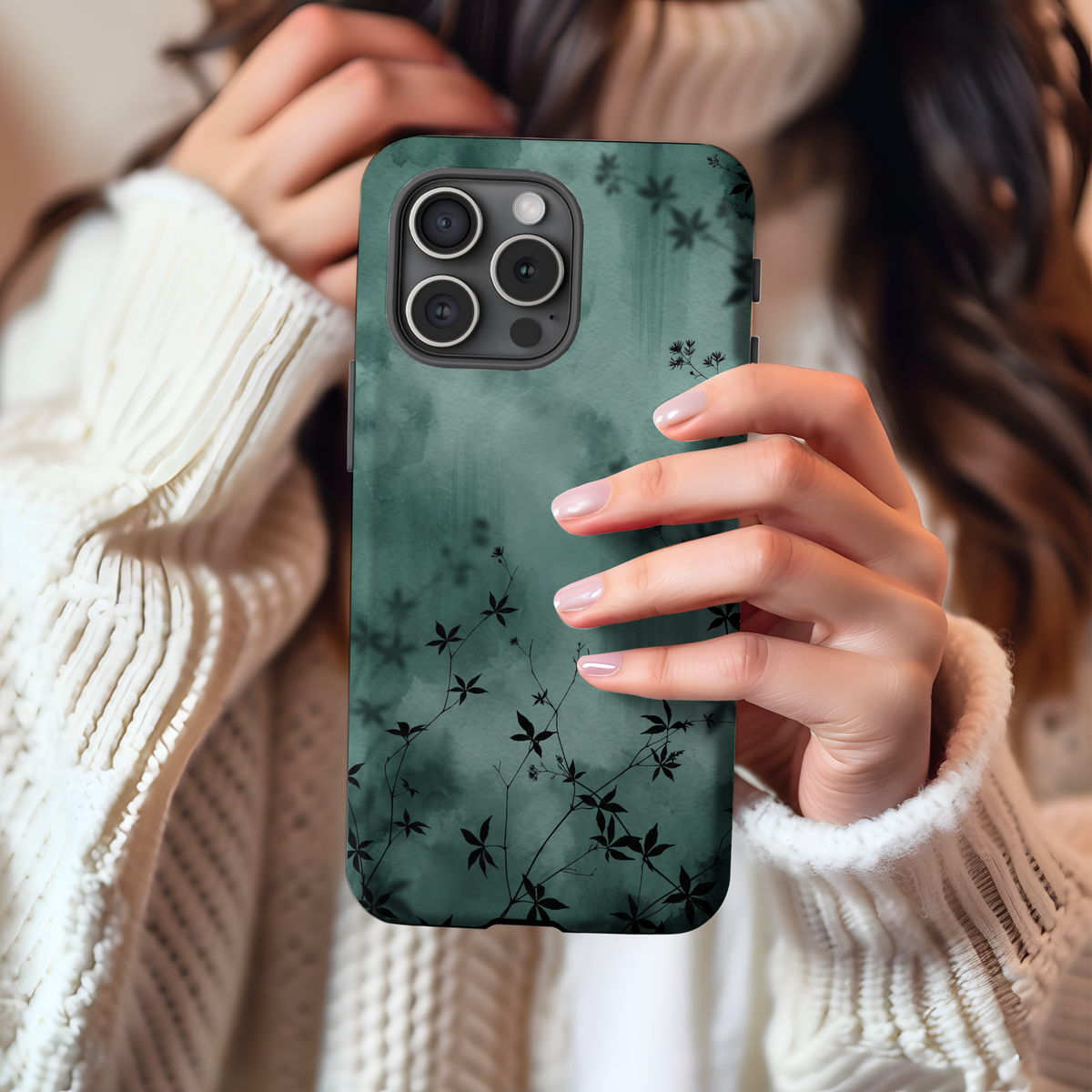 Midnight Garden phone case lifestyle photo, moody green botanical print