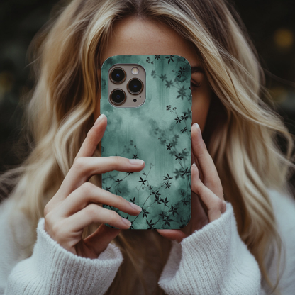 Midnight Garden phone case in use with emerald watercolor plant shadows