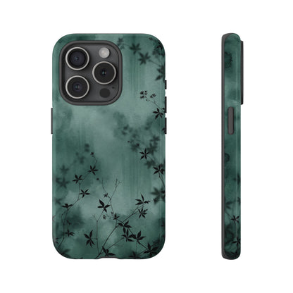 Midnight Garden tough phone case, green watercolor print with delicate black vines