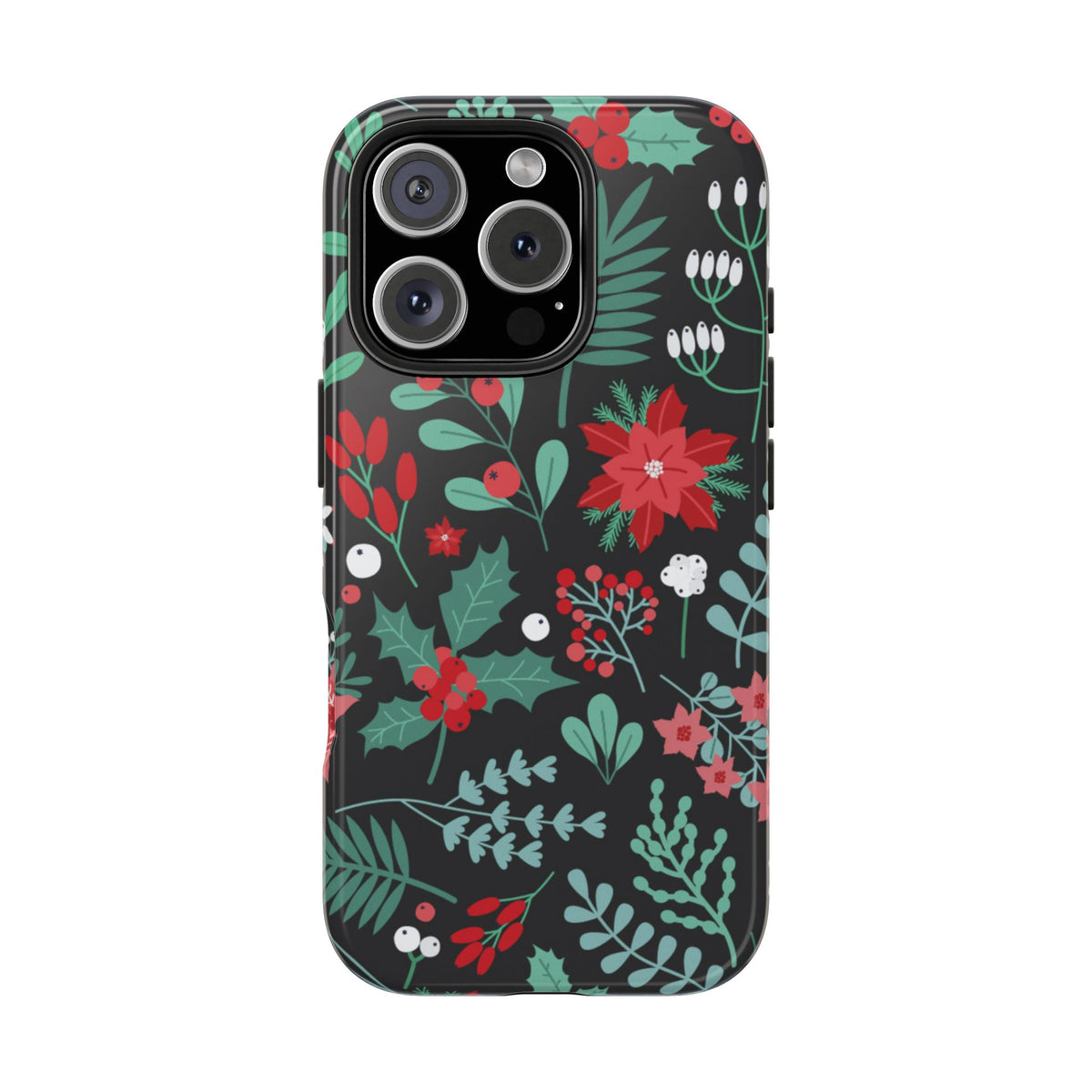 Midnight Poinsettia tough phone case, back view with red poinsettias, holly and berries on dark charcoal