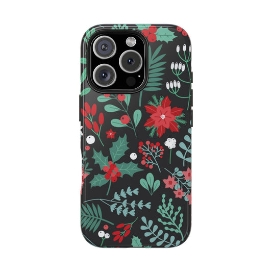 Midnight Poinsettia tough phone case, back view with red poinsettias, holly and berries on dark charcoal