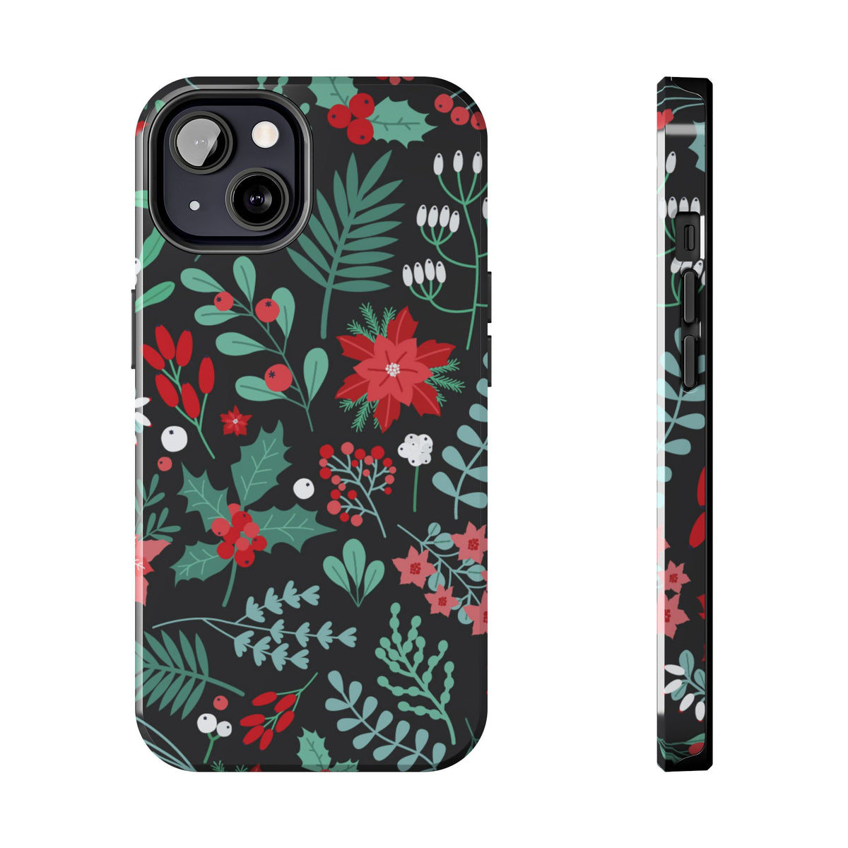 Midnight Poinsettia tough phone case shown from the back and side