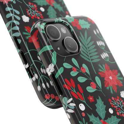 Close-up of the Midnight Poinsettia print around the camera cutout