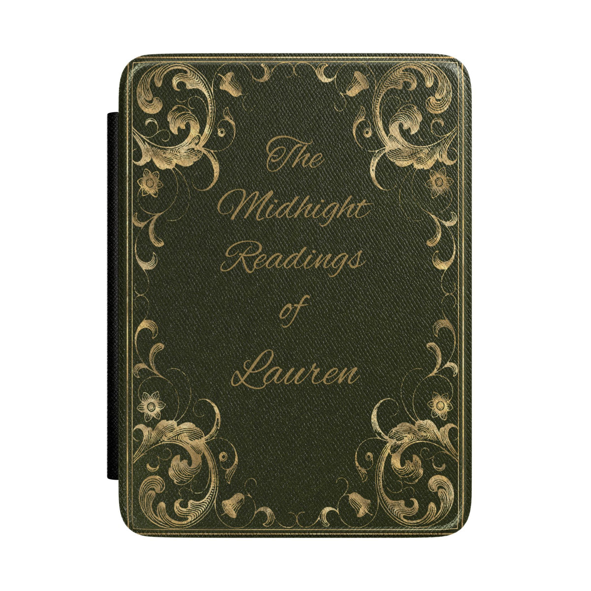 Midnight Readings Kindle case front cover in dark green with gold scrollwork and a name