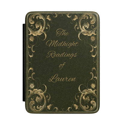 Midnight Readings Kindle case front cover in dark green with gold scrollwork and a name