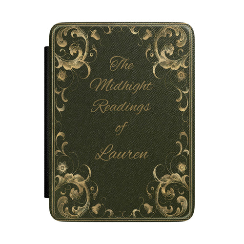 Midnight Readings Kindle case front cover in dark green with gold scrollwork and a name