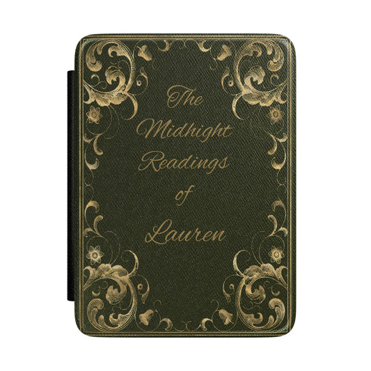 Midnight Readings Kindle case front cover in dark green with gold scrollwork and a name