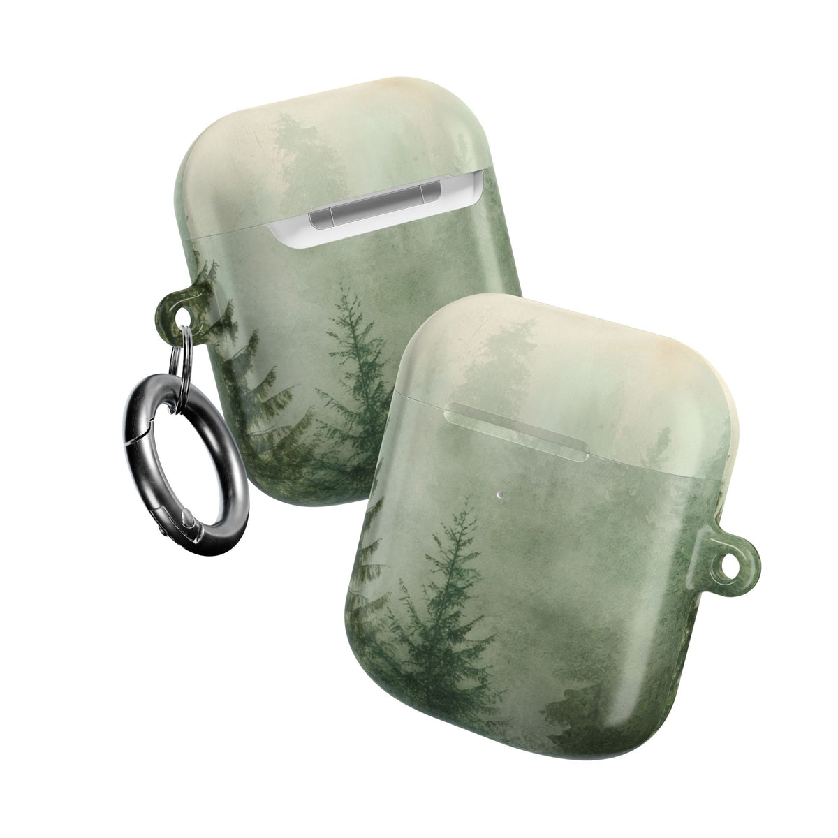 Misty Pine Forest AirPods case front and back with carabiner