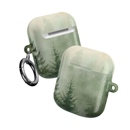 Misty Pine Forest AirPods case front and back with carabiner