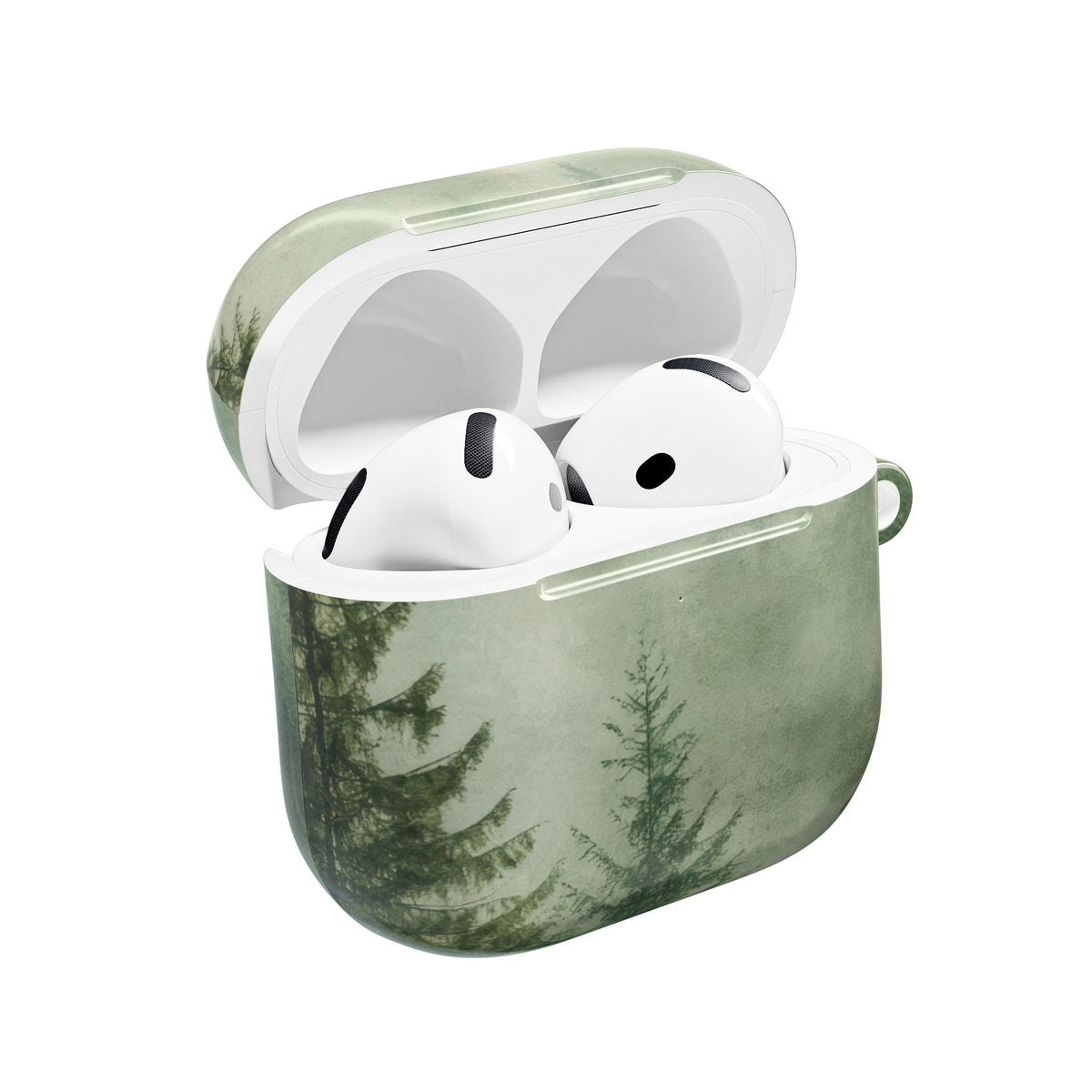 Misty Pine Forest AirPods case open with AirPods inside