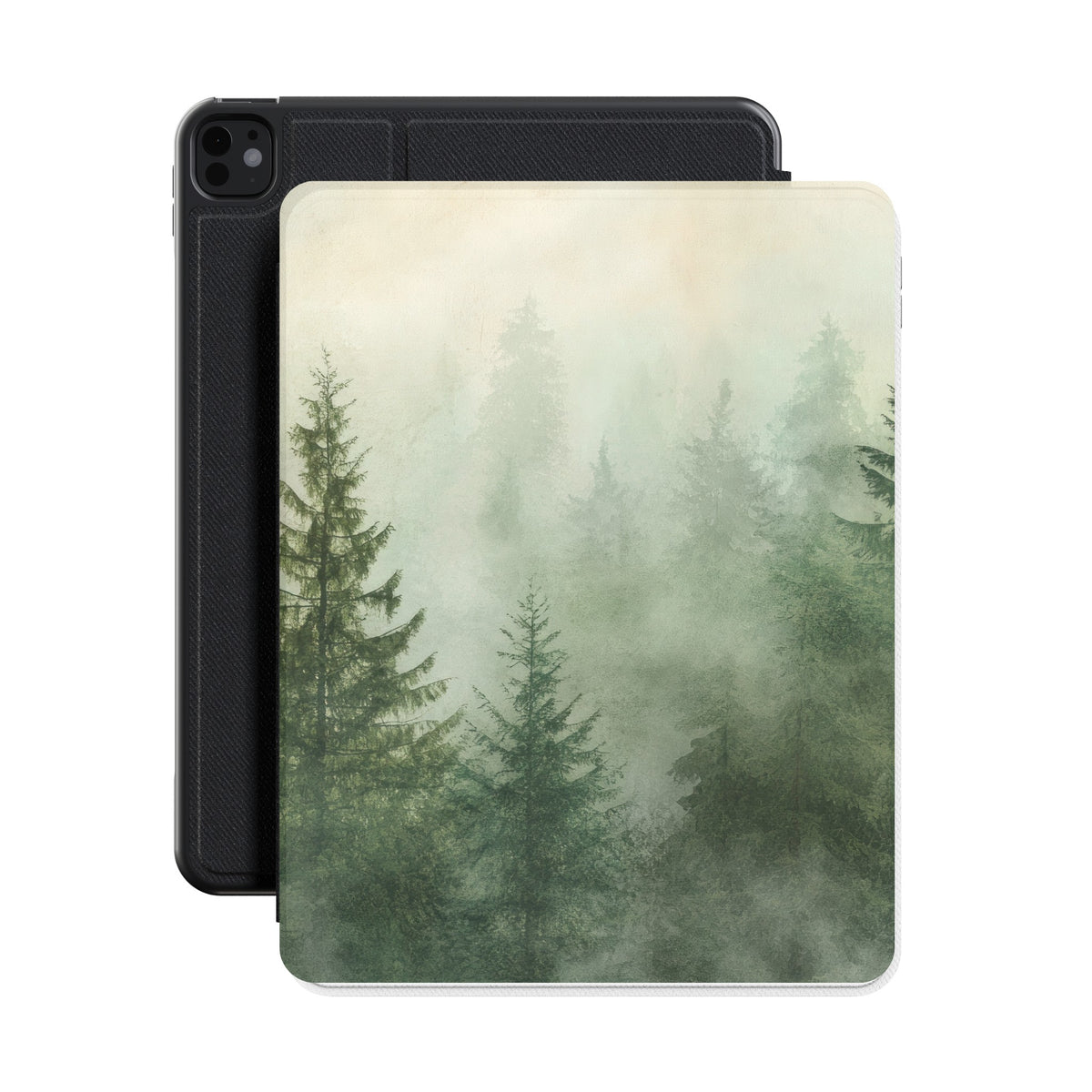Misty Pine Forest iPad case shown with an iPad