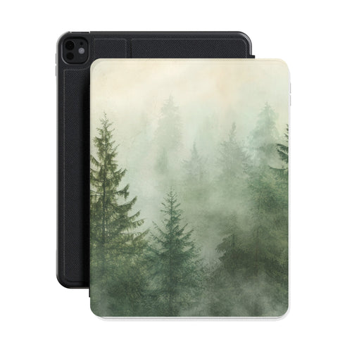 Misty Pine Forest iPad case shown with an iPad